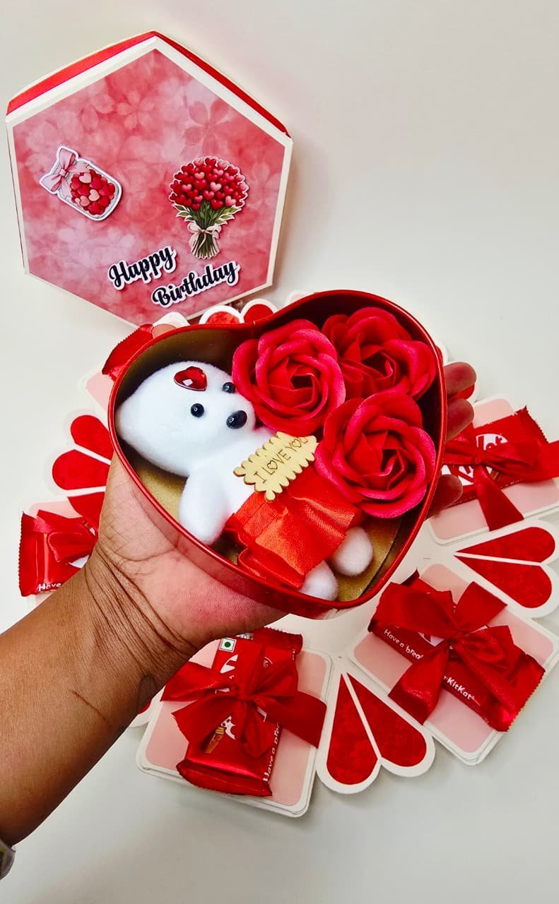 Hexagonal Gift Box with Chocolates Photos Teddy and Artificial Roses Handmade Birthday Gift Box for Loved Ones Black With 12 Photos
