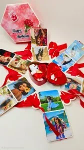 Hexagonal Gift Box with Chocolates Photos Teddy and Artificial Roses Handmade Birthday Gift Box for Loved Ones Black With 12 Photos