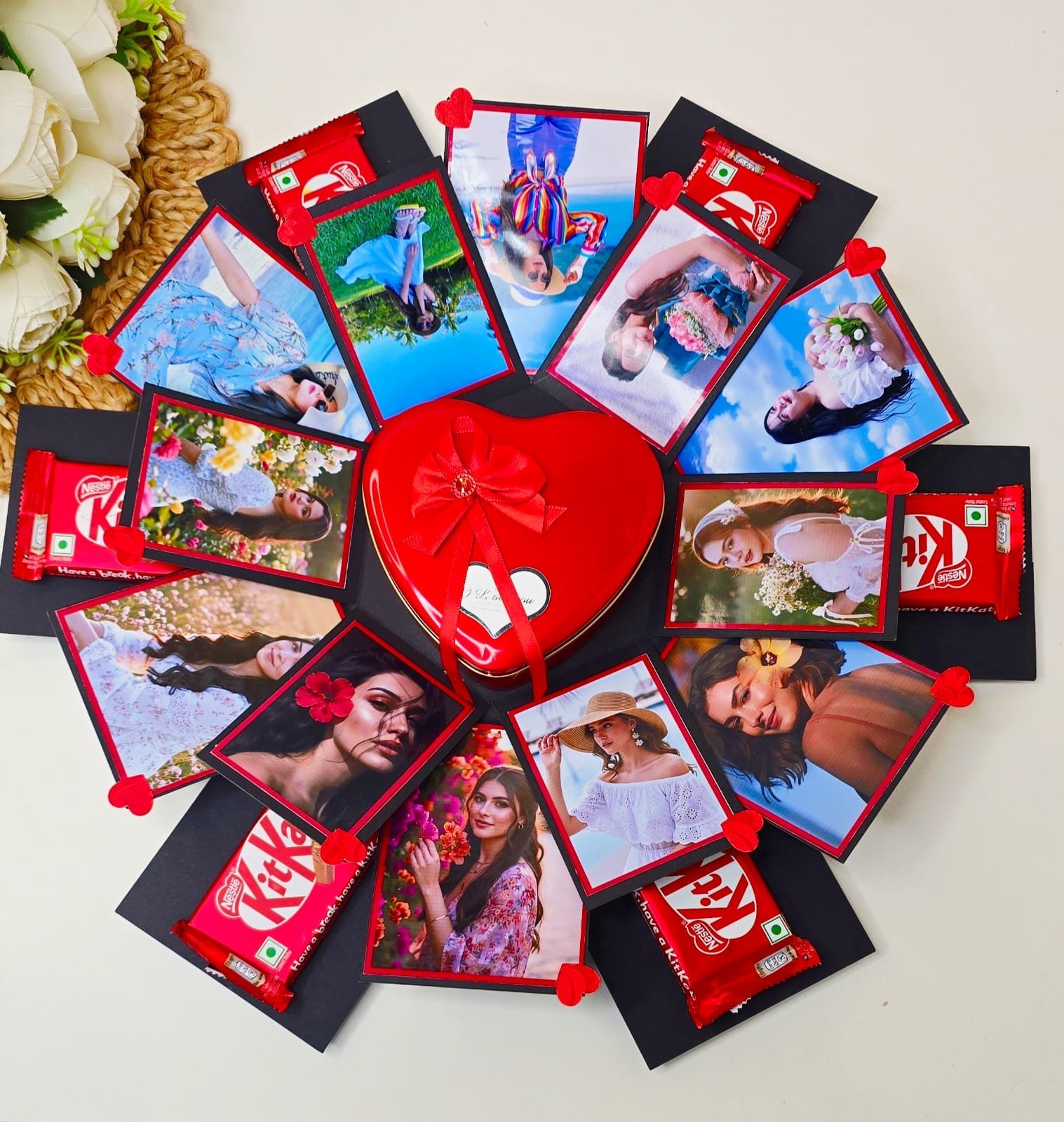 3 Layer Hexagonal Gift Box with 6 Chocolates Photos Teddy and Artificial Roses Handmade Birthday Gift Box for Loved Ones Black With 12 Photos
