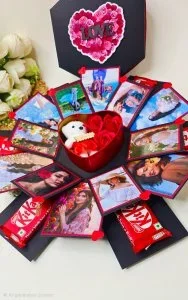 3 Layer Hexagonal Gift Box with 6 Chocolates Photos Teddy and Artificial Roses Handmade Birthday Gift Box for Loved Ones Black With 12 Photos