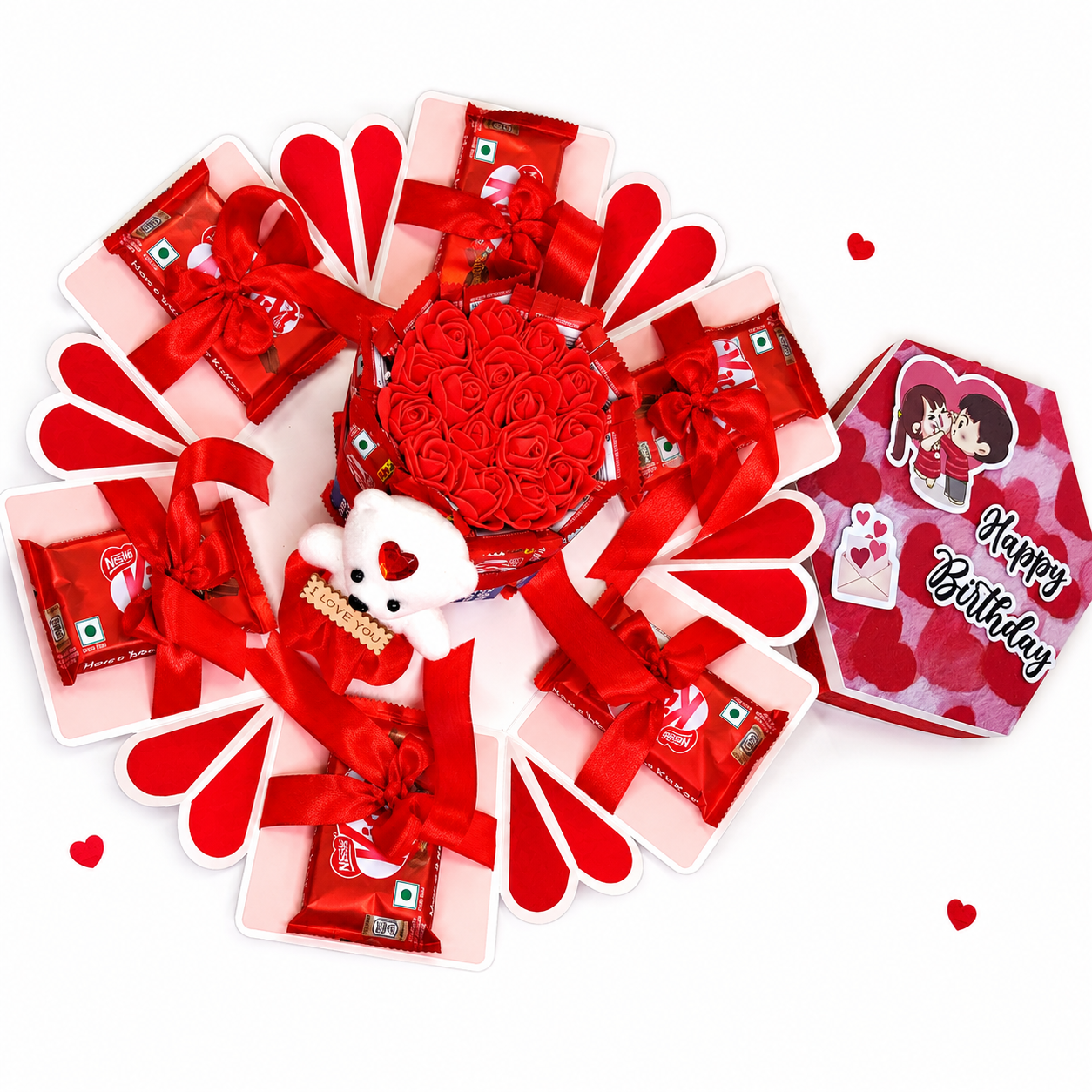 Hexagonal Explosive Gift Box, Birthday Gift With 16 Chocolate INCLUDES TEDDY & ROSES (WHITE & RED)