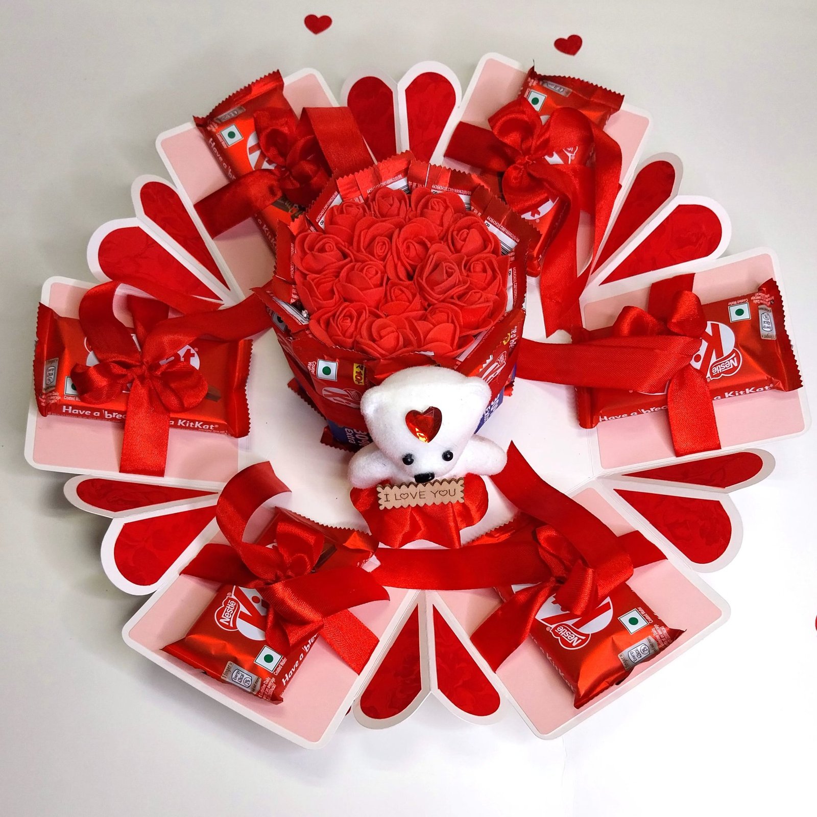 Hexagonal Explosive Gift Box, Birthday Gift With 16 Chocolate INCLUDES TEDDY & ROSES (WHITE & RED)