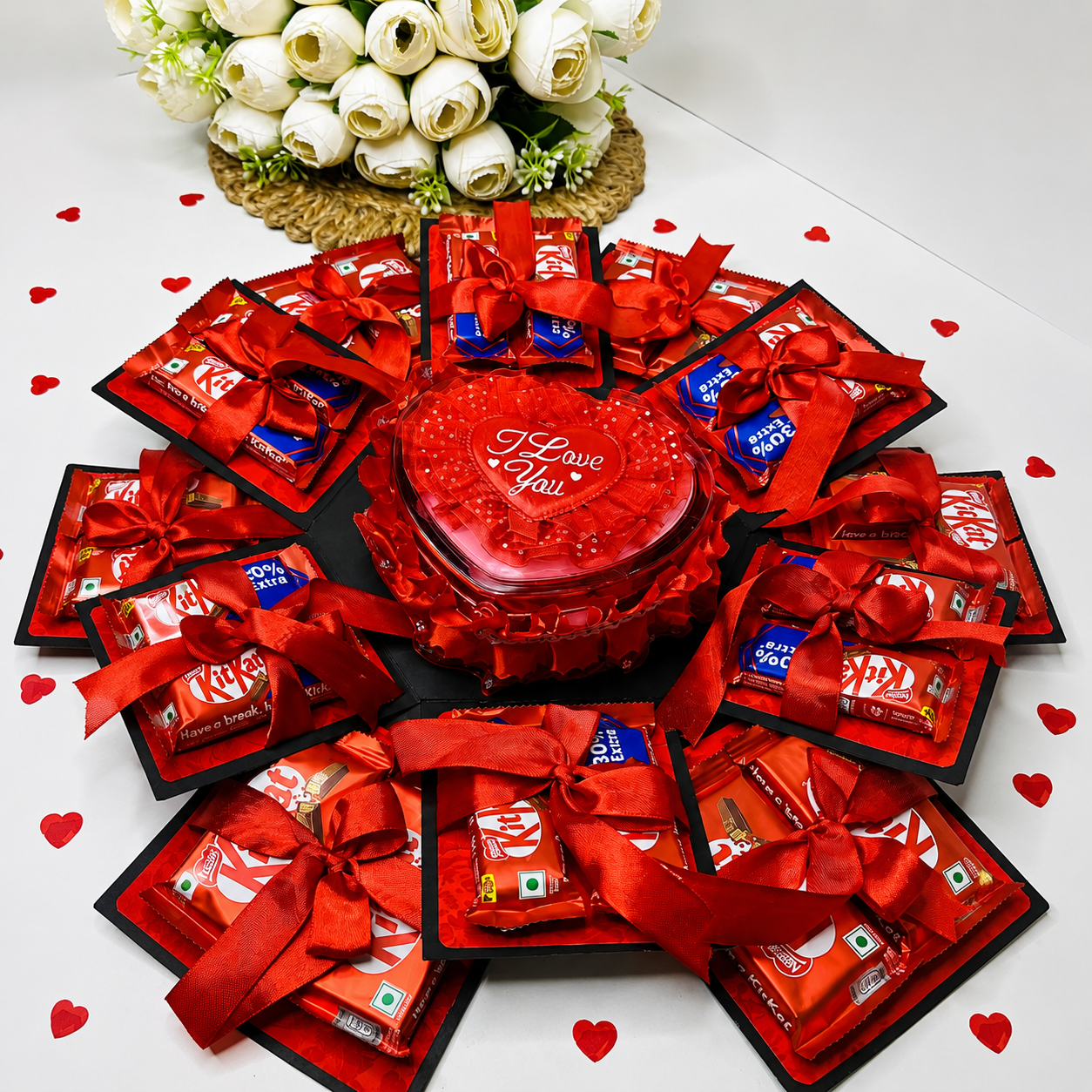 2 Layer Hexagonal Chocolate Explosion Gift Box For Couple Including 24 Chocolate and Red Heart Teddy box With red Rose