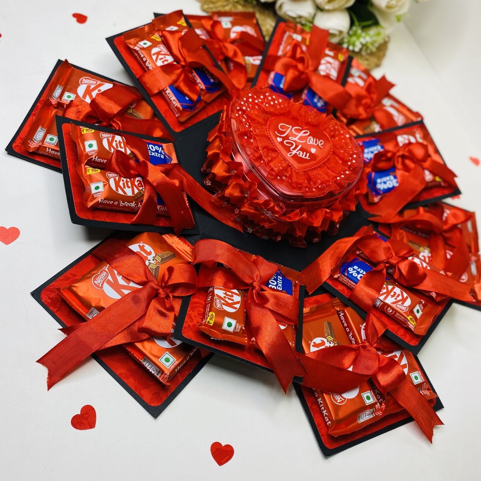 2 Layer Hexagonal Chocolate Explosion Gift Box For Couple Including 24 Chocolate and Red Heart Teddy box With red Rose