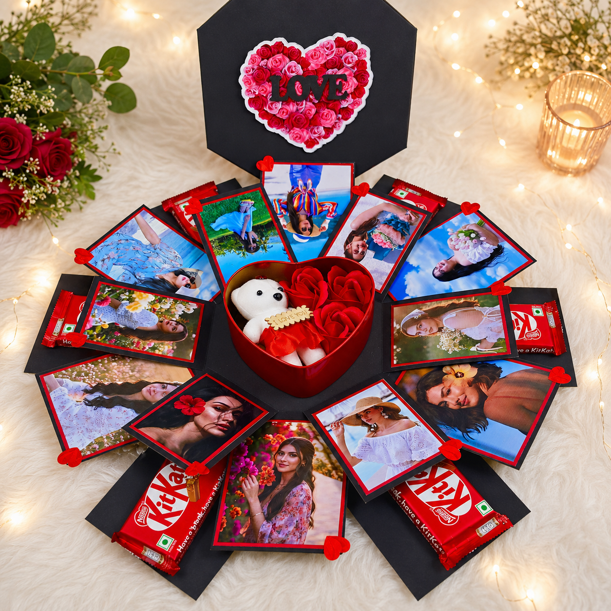 3 Layer Hexagonal Gift Box with 6 Chocolates Photos Teddy and Artificial Roses Handmade Birthday Gift Box for Loved Ones Black With 12 Photos