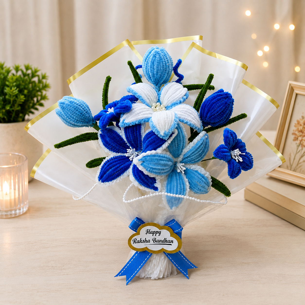 Blue & White Handmade Flower Bouquet – Raksha Bandhan Gift with 1 rakhi, roli chawal and 1 chocolate