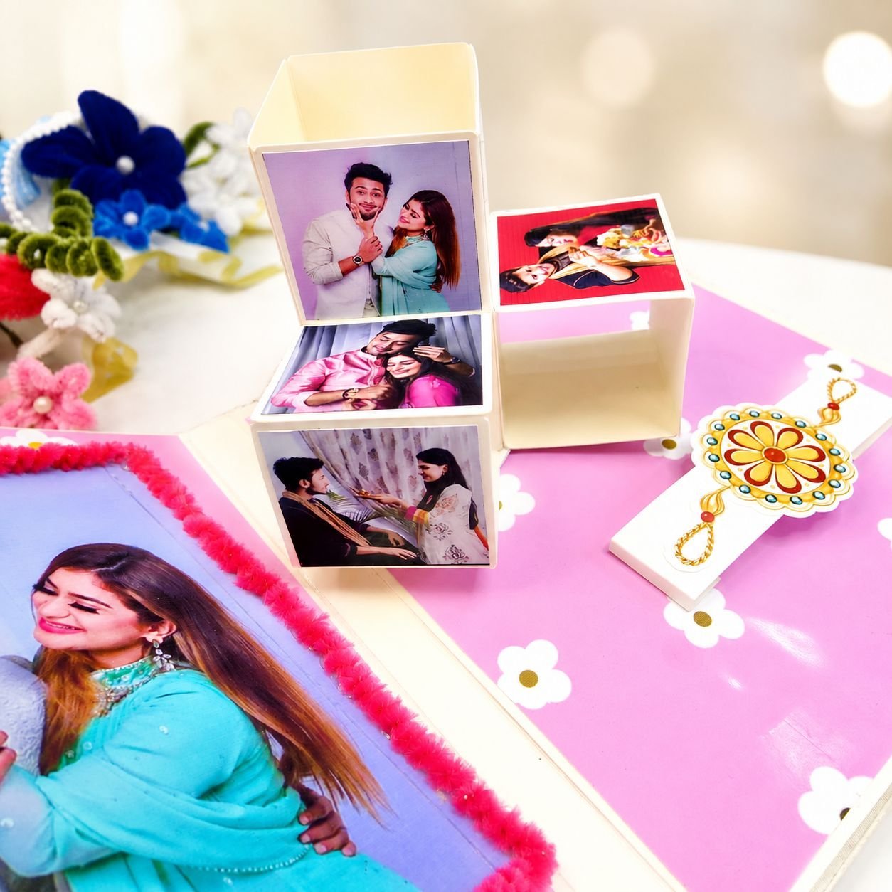 Handmade Rakhi Scrapbook Album | 5 Unique Design Pages with 1 rakhi, roli chawal and 1 chocolate