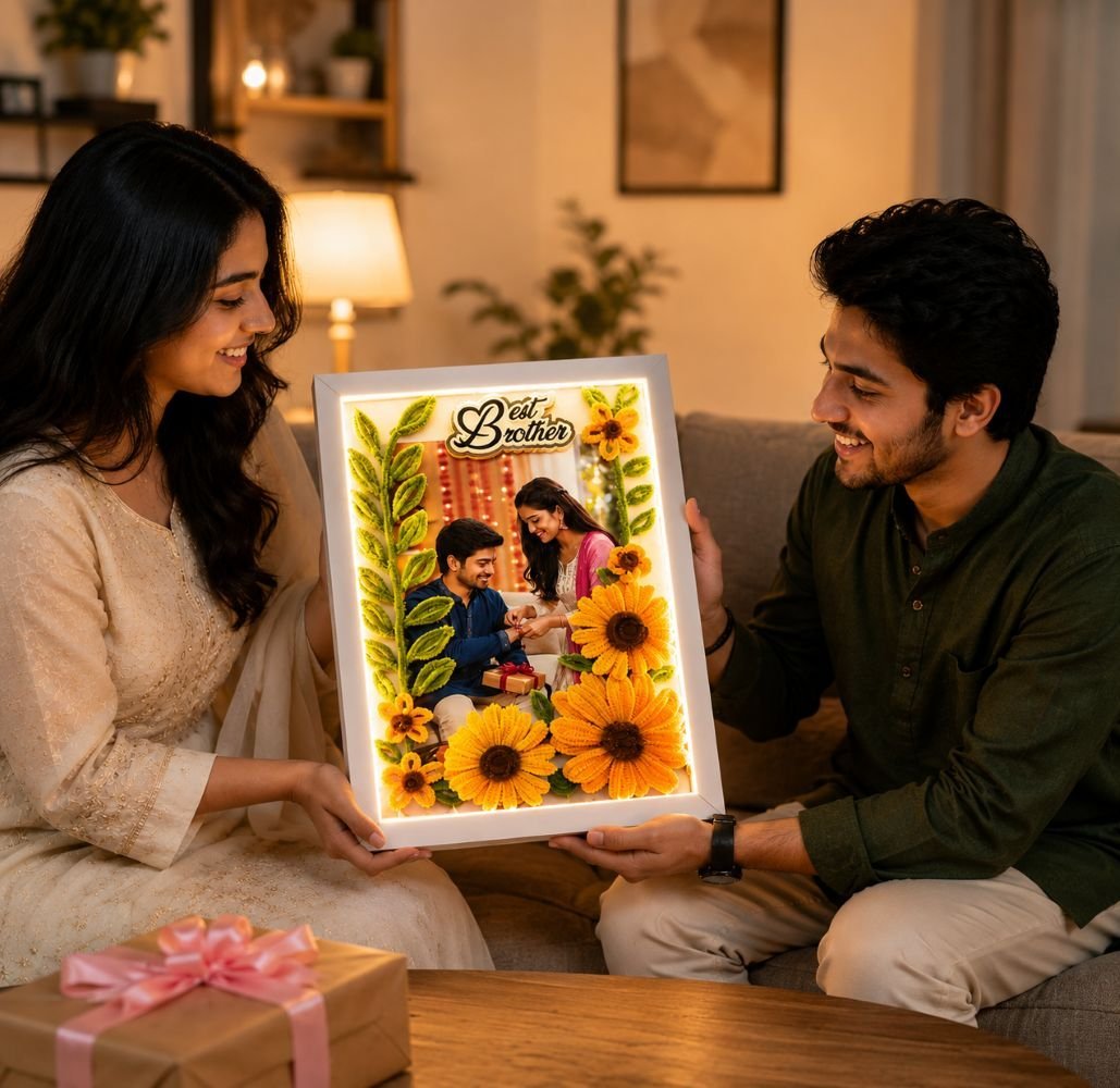 Raksha Bandhan Special Personalized LED Photo Frame for Brother & Sister with 1 rakhi, roli chawal and 1 chocolate