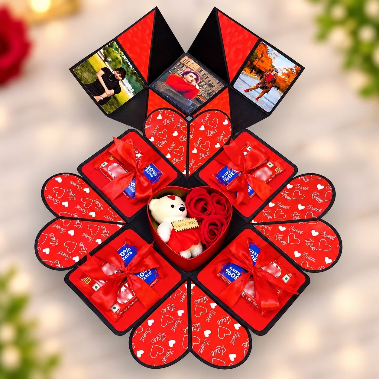 Unbox Love & Memories | 5 Photos, 8 Chocolates & Red Heart Teddy Gift Box