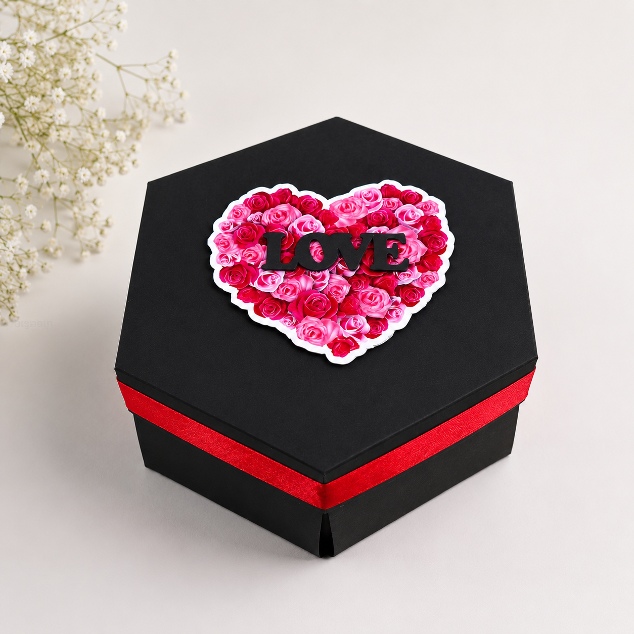 3 Layer Hexagonal Gift Box with 6 Chocolates Photos Teddy and Artificial Roses Handmade Birthday Gift Box for Loved Ones Black With 12 Photos