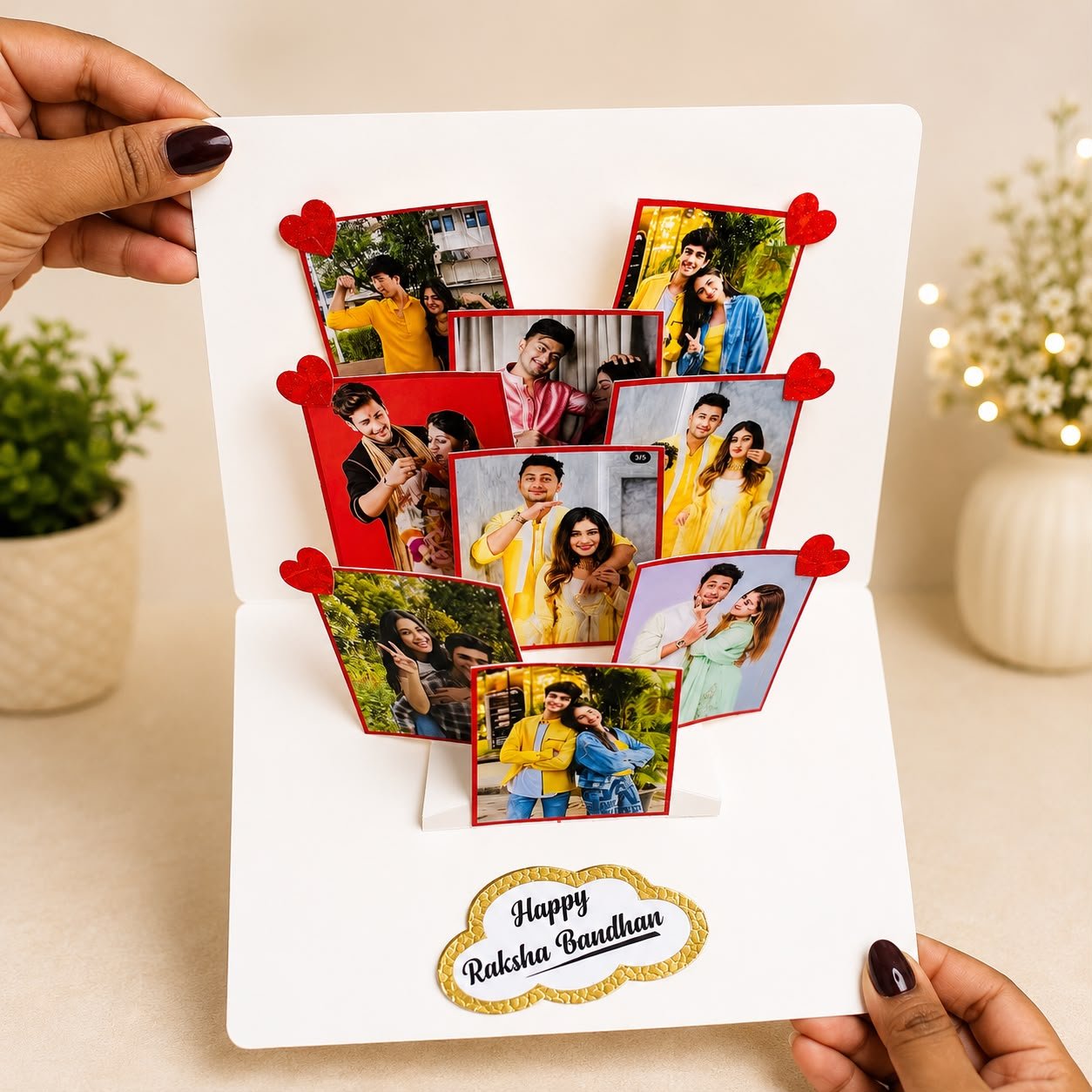 Personalized Rakshabandhan Photo Geeting Card with 1 rakhi, roli chawal and 1 chocolate