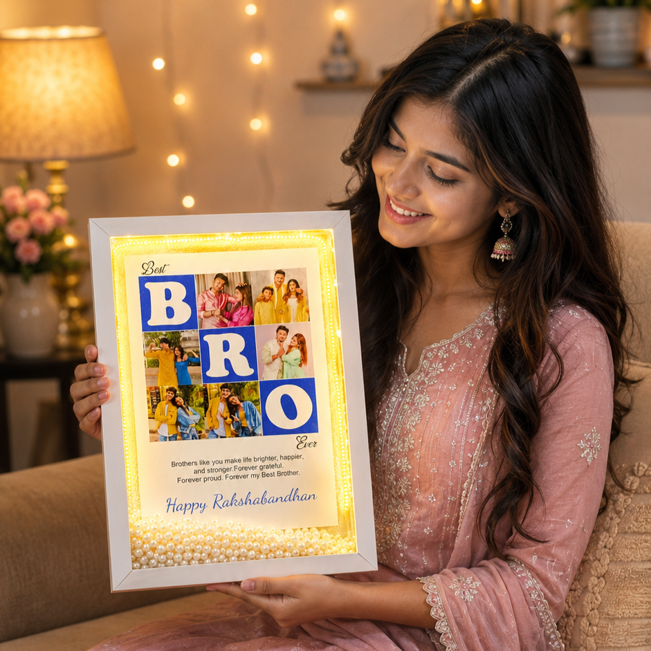 Best Brother Forever – Personalized LED Photo Frame with 1 rakhi, roli chawal and 1 chocolate