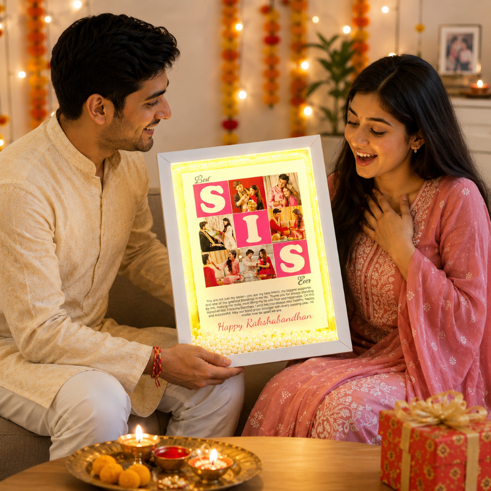 Best Sister Gift – Personalized LED Photo Frame with 1 rakhi, roli chawal and 1 chocolate