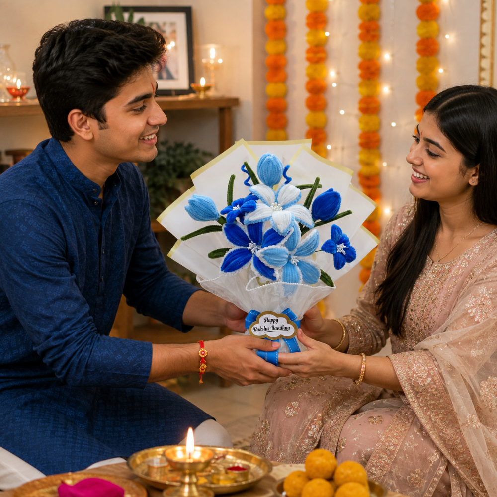 Blue & White Handmade Flower Bouquet – Raksha Bandhan Gift with 1 rakhi, roli chawal and 1 chocolate