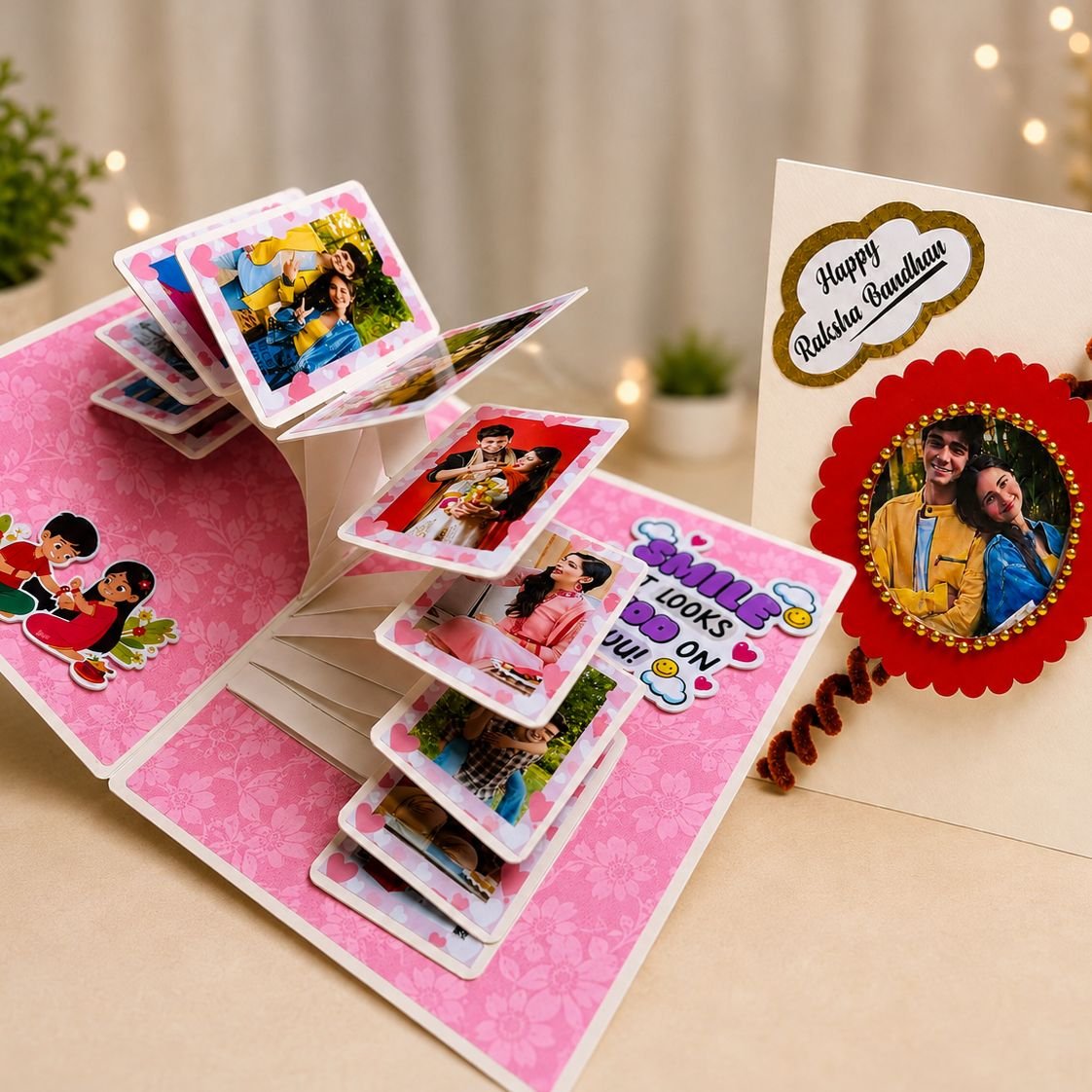 Magic Fire Greeting Photo Card for Rakshabandhan Gift with 1 rakhi, roli chawal and 1 chocolate