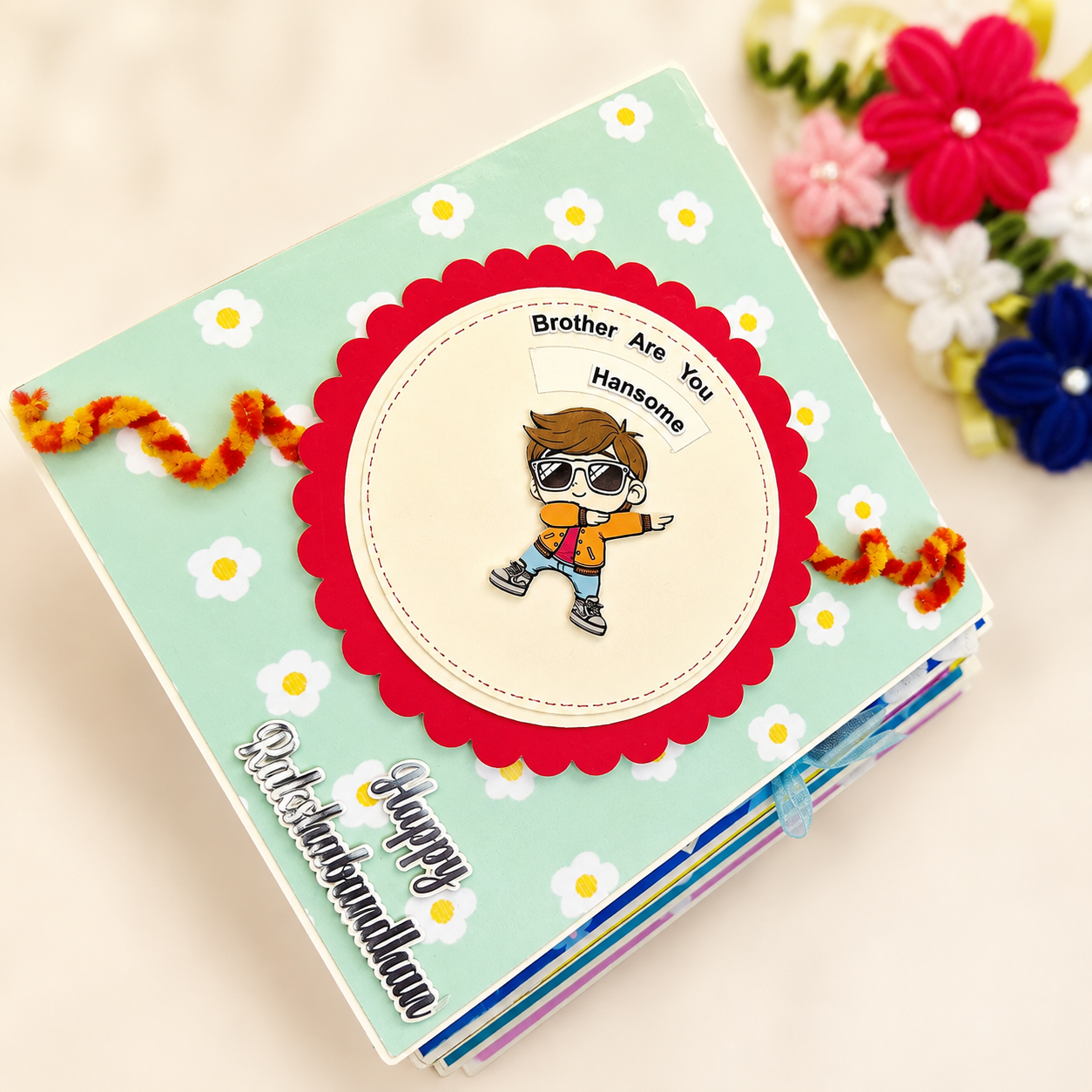 Handmade Rakhi Scrapbook Album | 5 Unique Design Pages with 1 rakhi, roli chawal and 1 chocolate