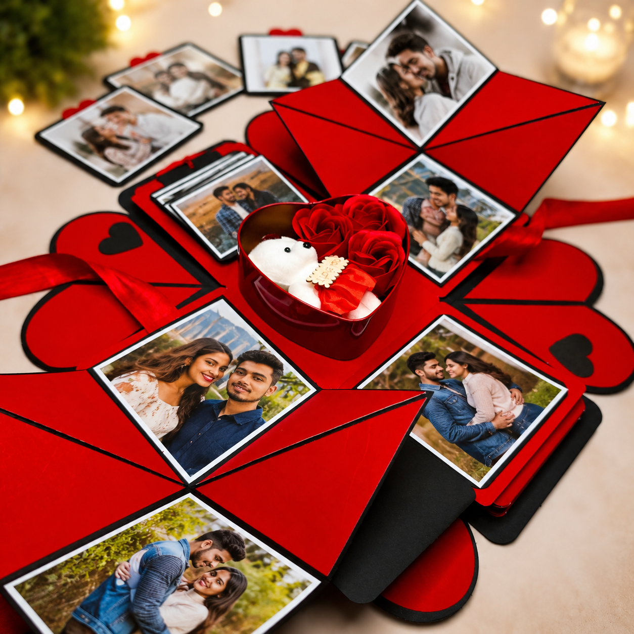 Personalized Explosion Gift Box for Couples | Handmade Photo Album Box with Teddy & Rose Heart Box | Romantic Anniversary, Birthday & Valentine's Day Gift